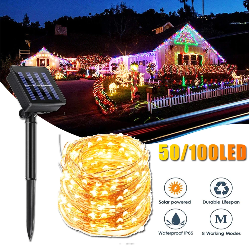 

Solar LED String Light Copper Wire Waterproof 8 Modes 50/100leds Outdoor Fairy Garland Lamps Camp Garden Party Street Decoration