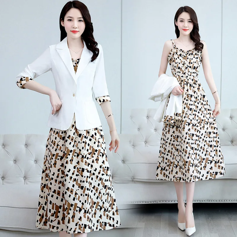 Spring Summer  Suit Jacket Dress Two-piece Women Elegant Thin Professional Wear Korean Fashion Slim Skirt Blazer 2 Piece Set