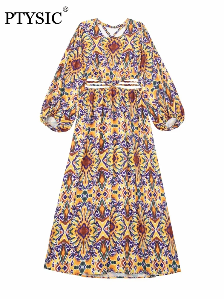 

Модное женское платье миди с принтом и вырезом, с высокой талией, длинным пышным рукавом и тонкими бретельками с перекрестными лямками, Элас...