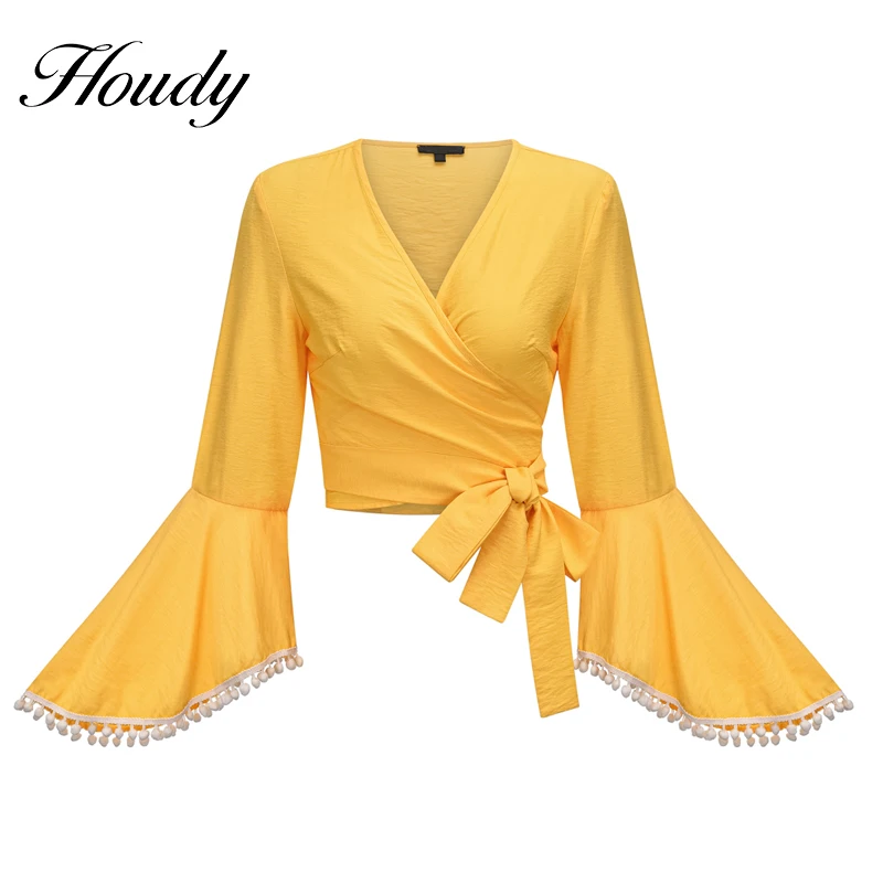

2022 Fashion Summer Petal Sleeve Round Neck Patchwork Shirt Femme Blusas Versatile Lace Shirt Button Yellow Top 12419
