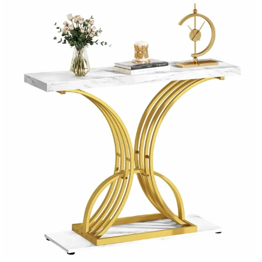 

40in Gold Narrow Console Table Side End Table with Faux Marble Top for Living Room Entrance Hallway Entryway