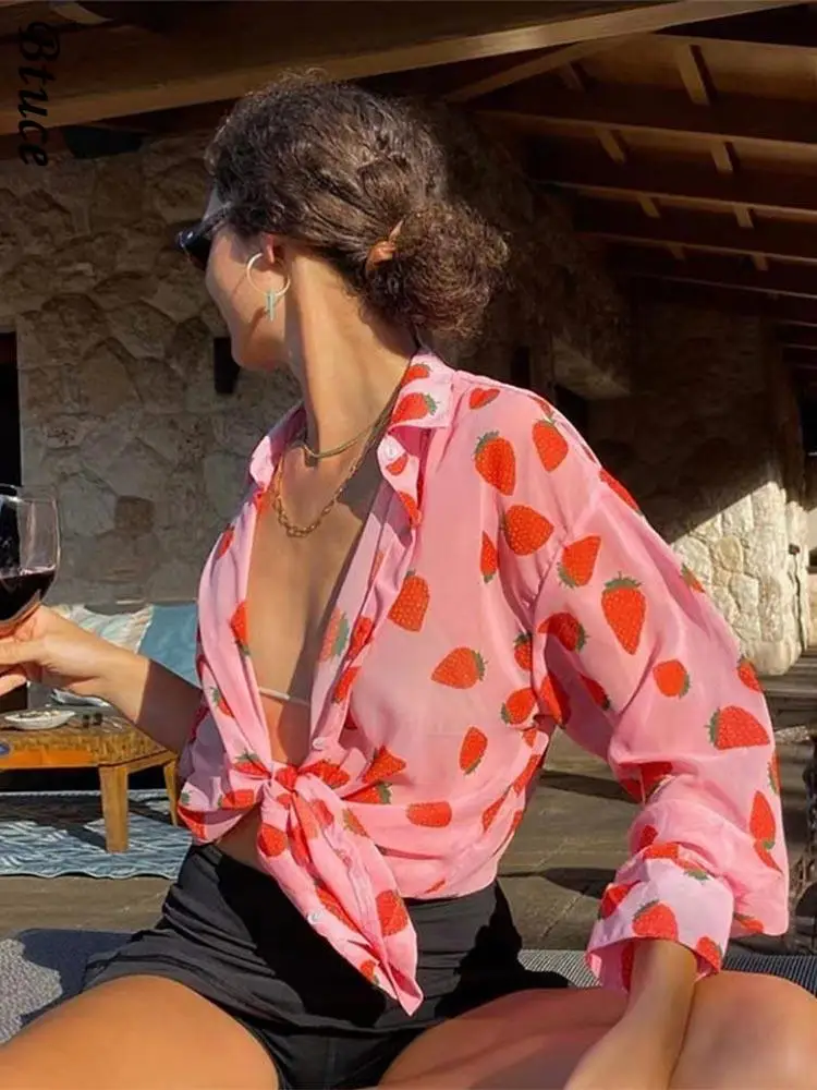 

Блузка женская шифоновая с принтом, модная Повседневная рубашка с длинным рукавом-фонариком и отложным воротником, уличная одежда, лето 2022