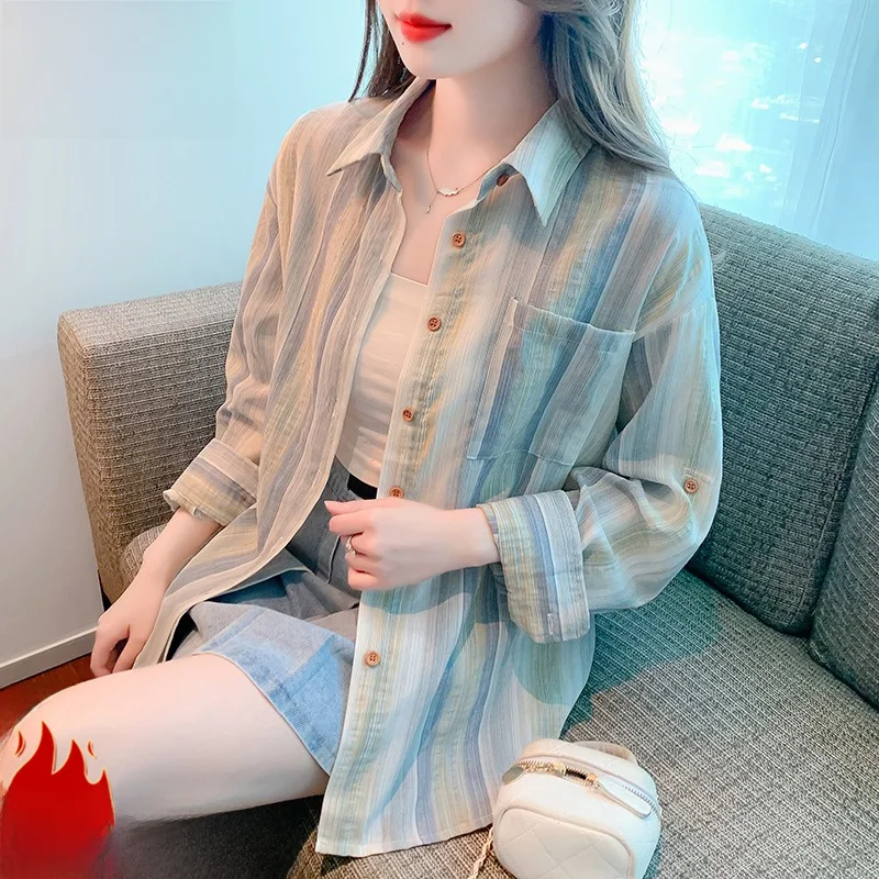 Chiffon Sun Protective Clothes Coat Shirt Summer 2025 New Arrival Women's Long Sleeves Cardigan Stripes Tops Spring &amp Fall |