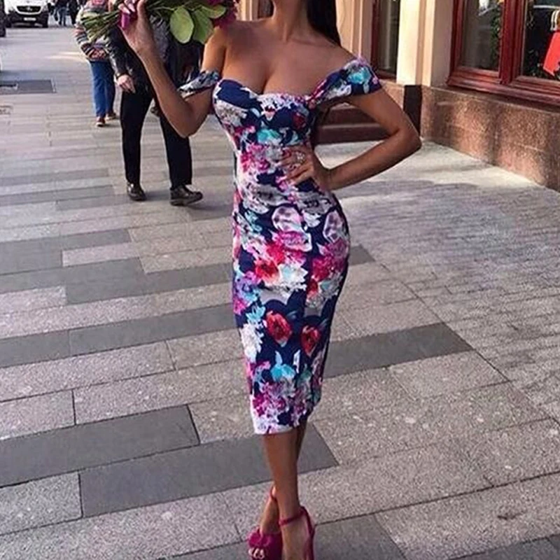 

Sexy Party Dresses Off Shoulder Mid-calf Dress Blue Neckline Floral Bodycon Elegant Dress