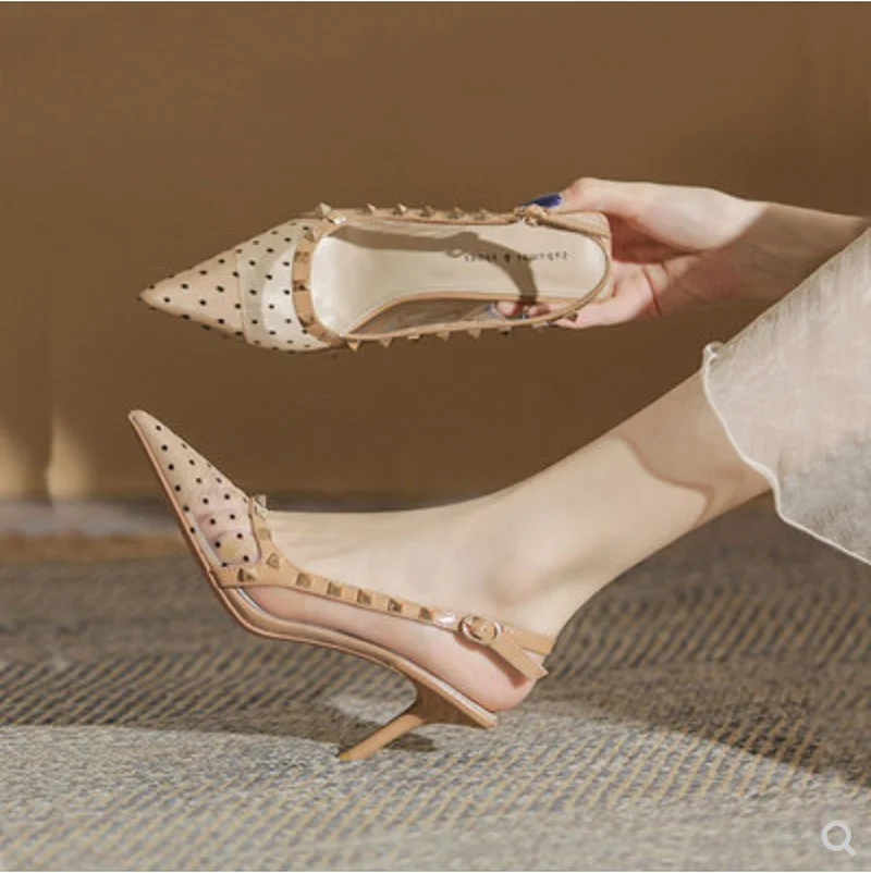NEW Show Thin Women Sandals Fashion Rivet Back Strap Shallow High Heels Shoes Women's Solid Mesh Pointed Toe Sexy Party Sandals