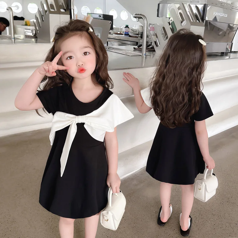 

Летнее платье для девочек, новинка 2023, модное элегантное женское платье с бантом белого и черного цвета, милое модное универсальное