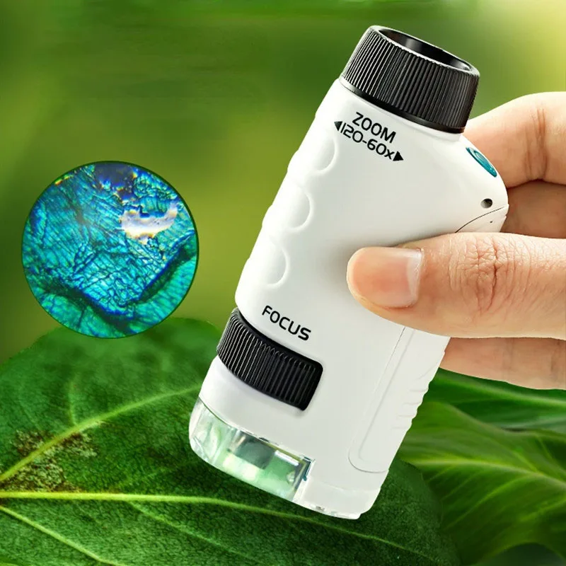 

Kids Science Microscope Toy Kit 60-120x Educational Mini Pocket Handheld Microscope with LED Light Outdoor Children Stem Toy