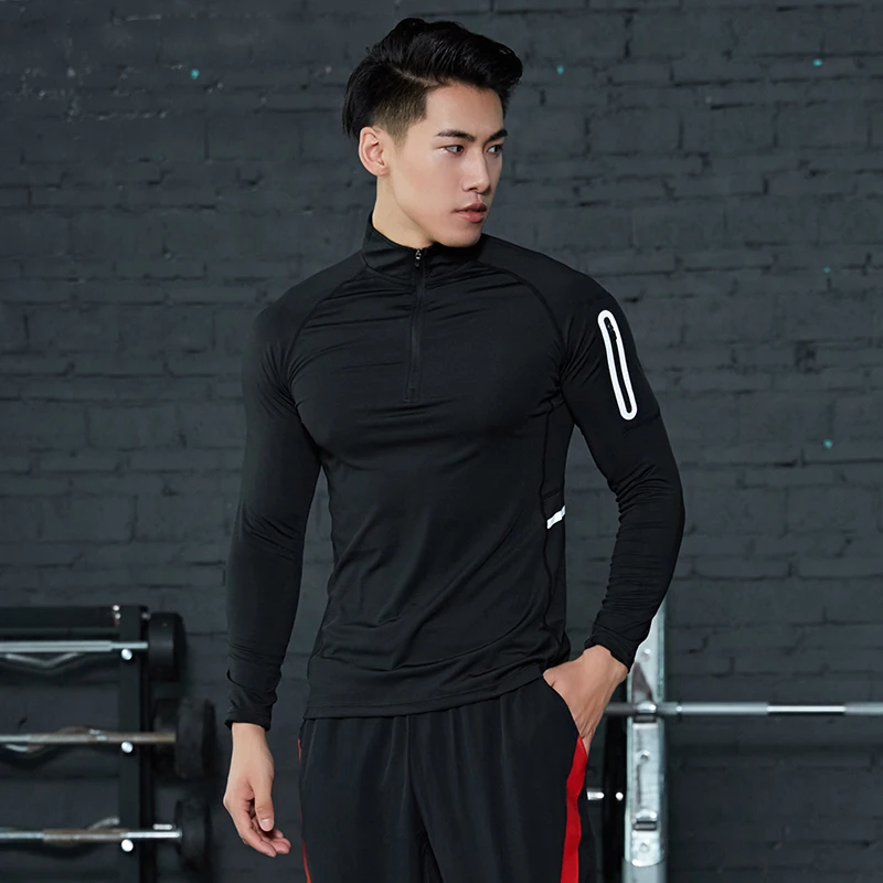 Черная Мужская рубашка для бега пуловер на молнии с воротником Madarin длинным