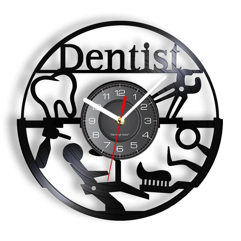 

Dental Clinic Decorative Wall Clock Dental Devices Dentists' Tools Cut Out Longplay Wall Watch Carved Retro Vinyl Record Artwork