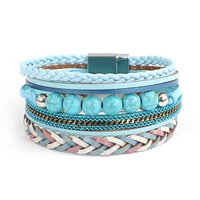 amorcome retro leather wrap bracelets blue stone beads charm bracelet with magnetic clasp boho statement jewelry for women