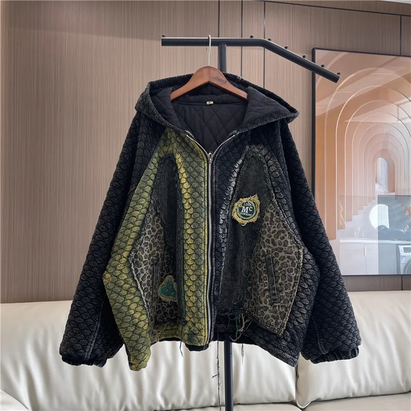 Женская джинсовая стеганая куртка с леопардовым принтом длинные рукава