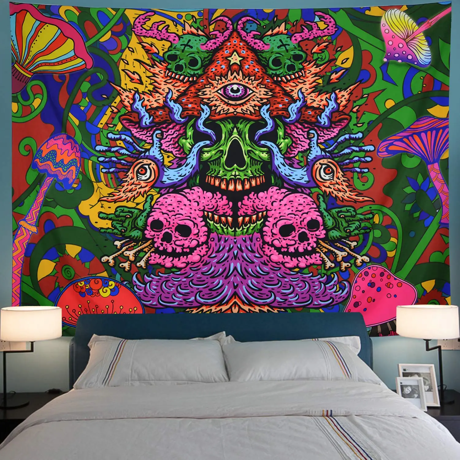 

Psychedelic Skull Flower Tapestry Fantasy Skeleton Wall Hanging Boho Hippie Tapestries Mushroom Wall Art for Dorm Bedroom Decor