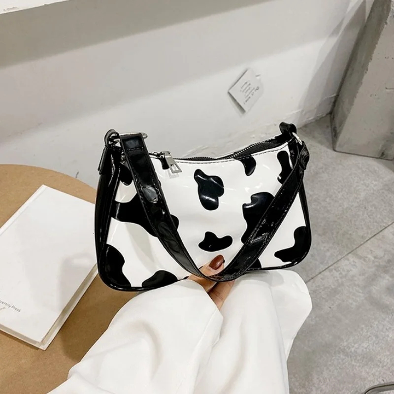 

Cow Milk Print Pattern Shoulder Bags for Women 2023 Bright PU Leather Bags Female Underarm Bags Bolsa Feminina