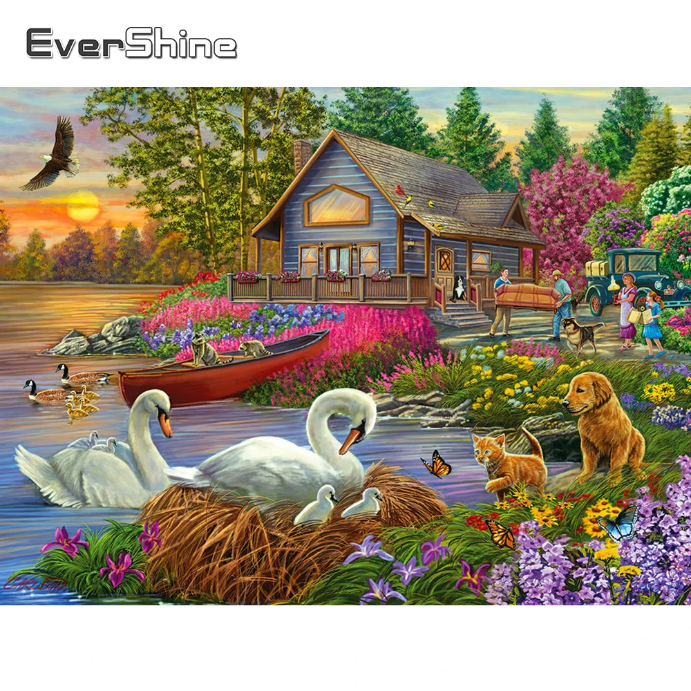 

EverShine алмазная живопись, пейзаж, вышивка крестиком, фотография Стразы, мозаика лебедя, Настенный декор
