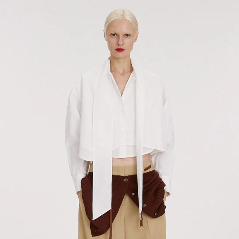 

Женская рубашка в синюю полоску, весна-лето 2023, стильная Корейская Короткая свободная рубашка с лентой