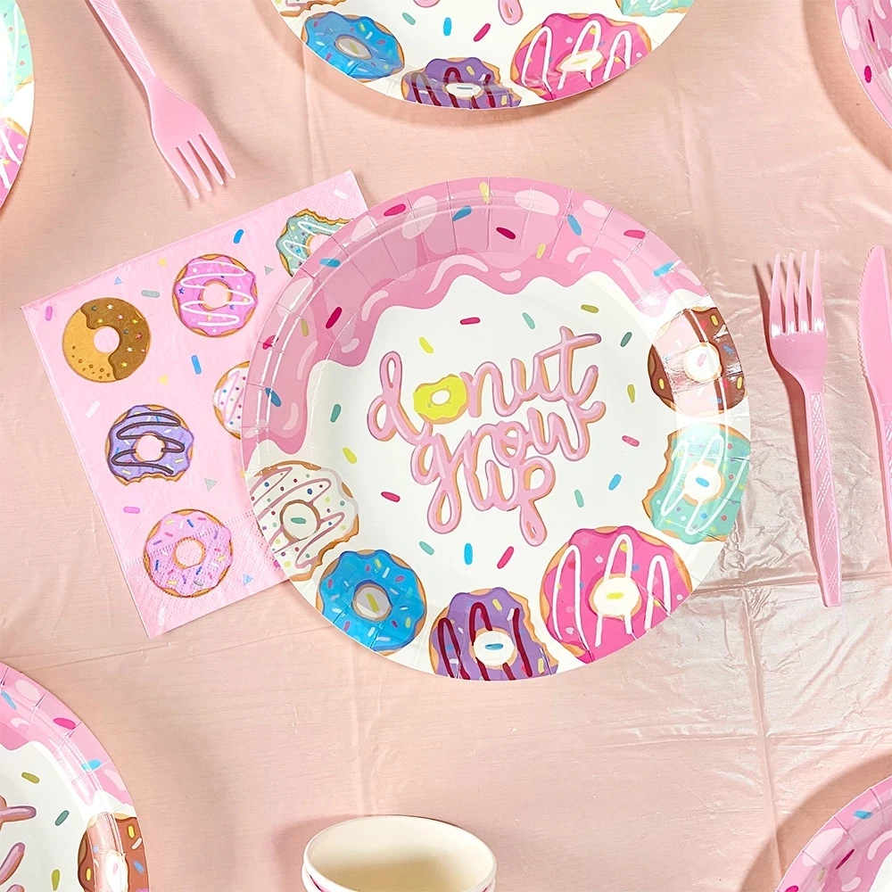 Donut Party Tableware Supplies Set Donut Growth Happy Birthday Party Donut Paper Plate Cup Napkin Straw