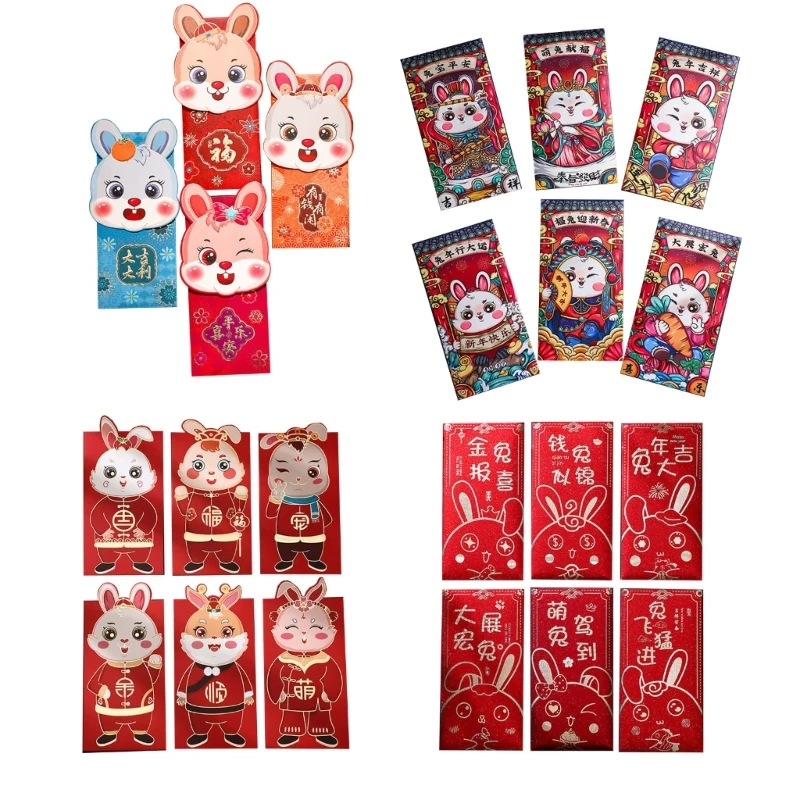 

K92A 2023 красный конверт с китайским Кроликом, набор из 6 праздничных милых сумок для денег