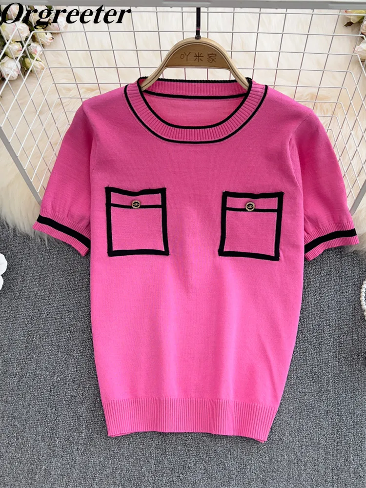 

Подиумный женский Универсальный тонкий пуловер, свитер, топы, Повседневная вязаная футболка с круглым вырезом и коротким рукавом, украшенн...