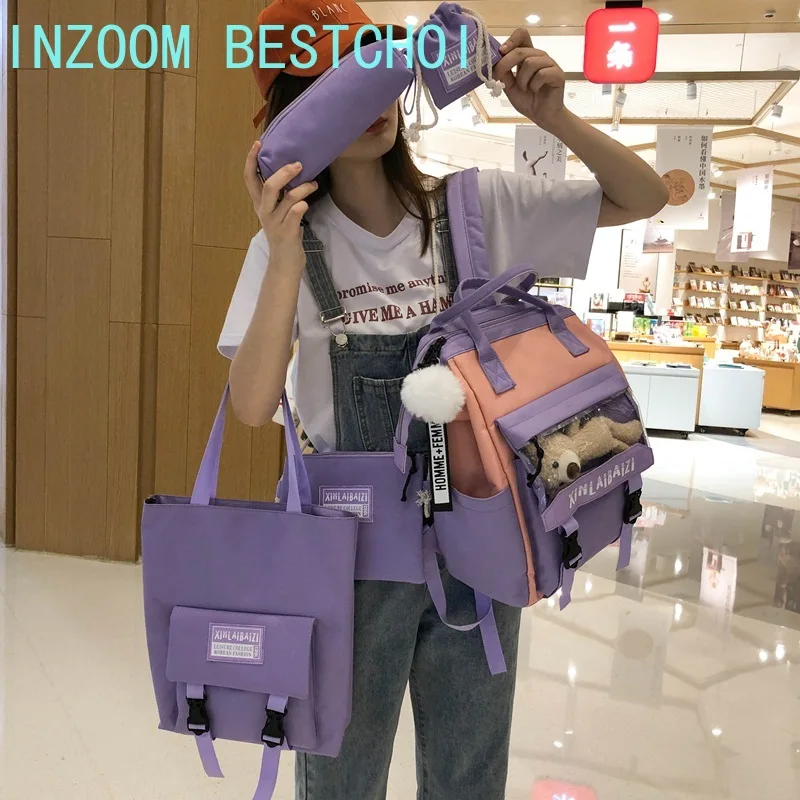 

The New Canvas Student Schoolbag Korean Version of The Large-capacity Leisure All-match Backpack Outdoor Travel 4-piece Set