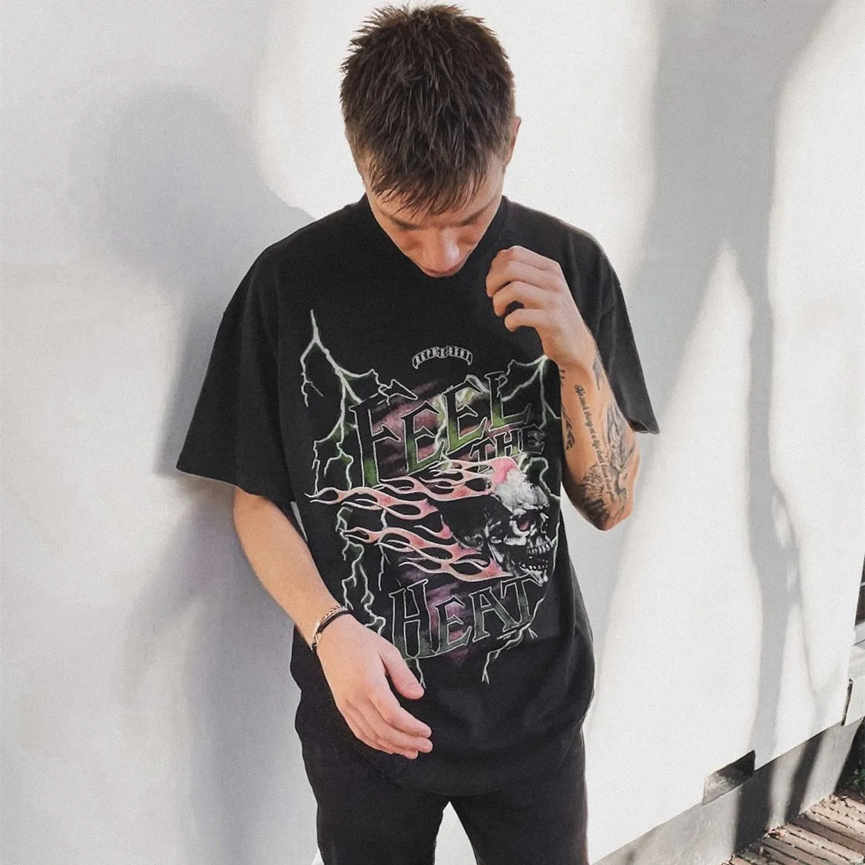 

High Street REPRESENT X HEAT Cruise Retro Vintage Lightning Skull Casual Loose Short-sleeved T-shirt