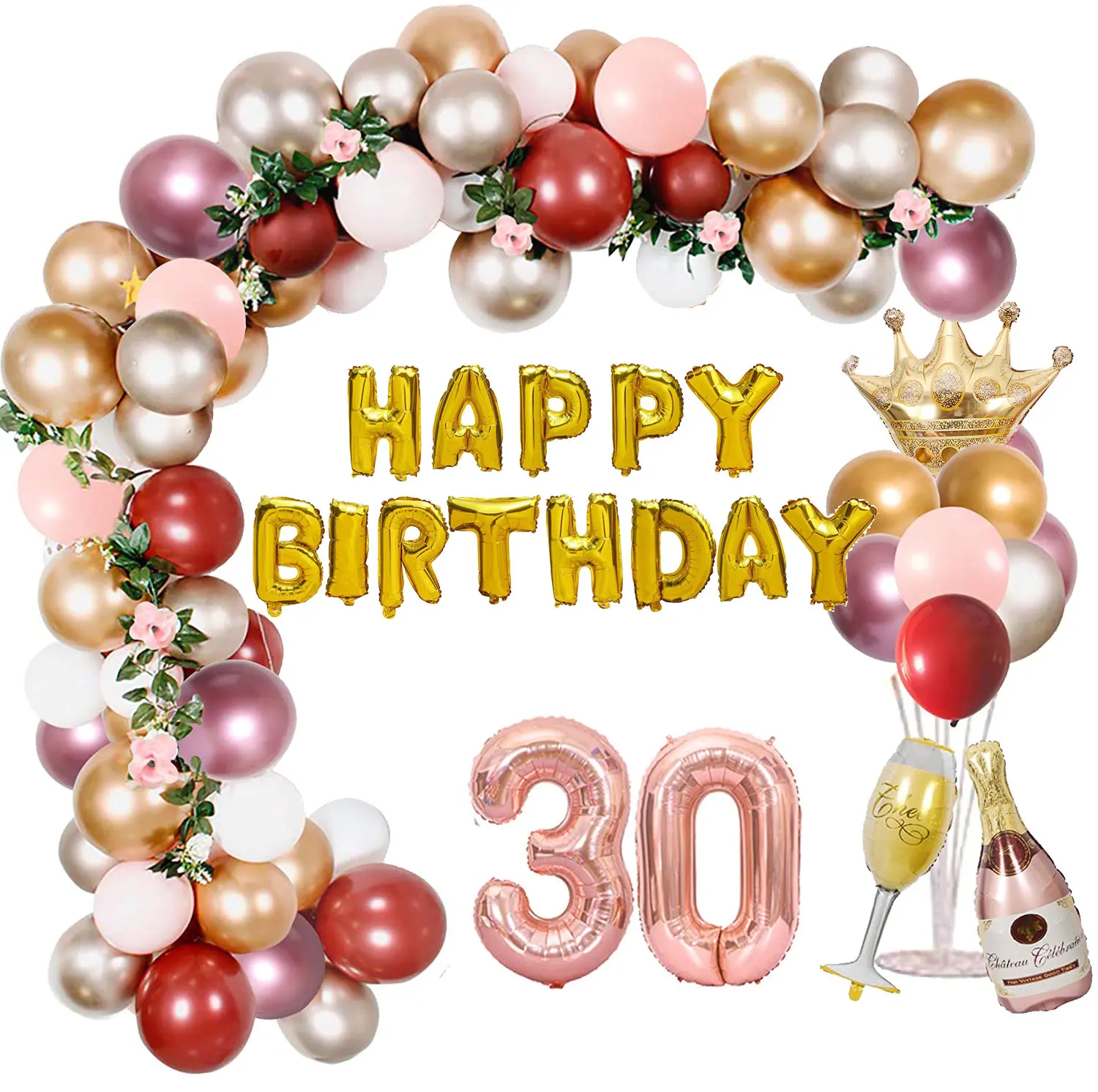 

1 Набор, украшения для дня рождения, женские шары на день рождения, баннер, металлические, розовые, золотые, фольгированные, большие цифры, ша...