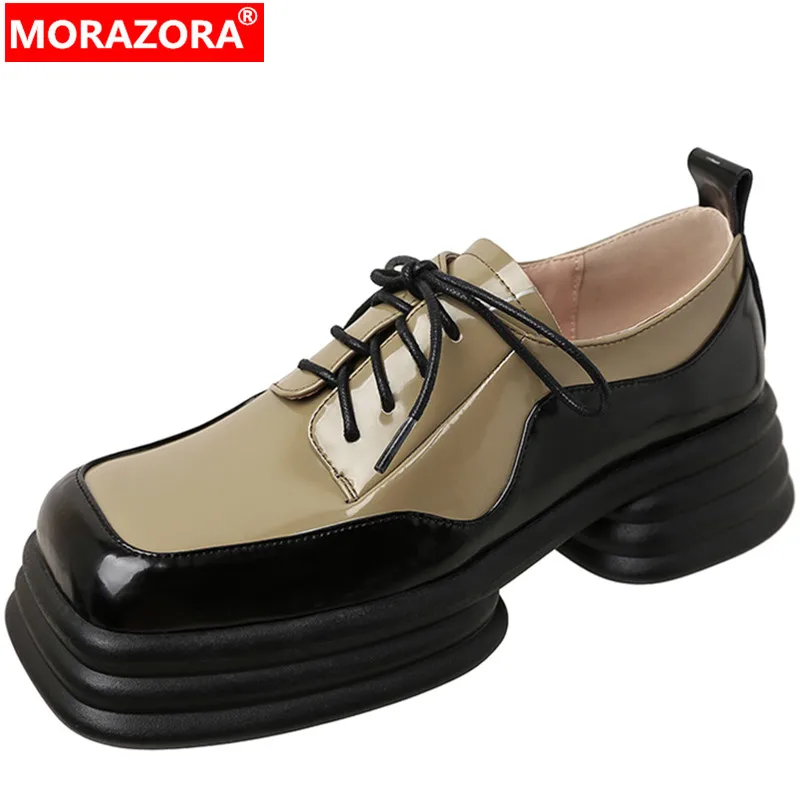 

MORAZORA 2022 New Arrive Lace Up Square Med Heels Dress Shoes Retro Genuine Leather Shoes Woman Ladies Mixed Colors Pumps