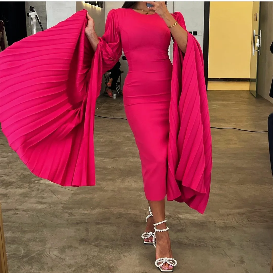 

Elegant Short O-Neck Crepe Prom Dresses With Sleeves Mermaid Tea Length Formal Occasion Evening Dress With Slit for Women