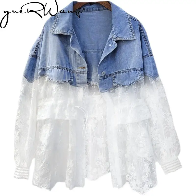 

YUERWANG Women Denim Coat Fashion White Lace Stitched Jean Jacket Loose Casual Long Female Denim Tops Spring Autumn 2022 New