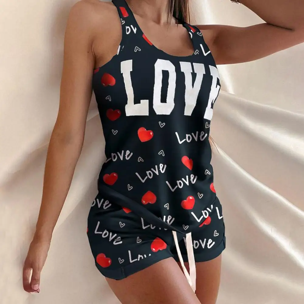

Stitching Color Skin-friendly Heart Pattern Lounge Pajamas Shorts Sets for Daily Life