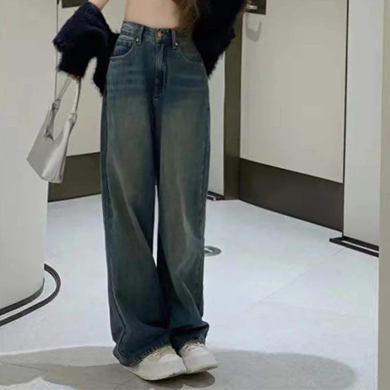 

Женские джинсы в винтажном стиле, Осенние широкие джинсы в уличном стиле с завышенной талией, свободные брюки из денима Y2k, 2022