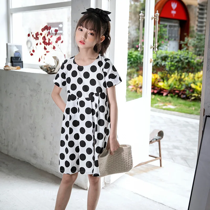 

New 2022 Korean Style Teen Girls Cute Polka Dot Princess Dress Children Cotton Loose Casual Summer Clothing Fashion Brief, #9409