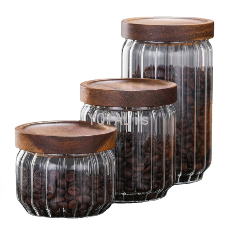 Fashion 350-750ml Vertical Grain Acacia Wooden Lid Storage Tank Coffee Beans Sugar Tea Sealed Bottle Kitchen Container Jar |