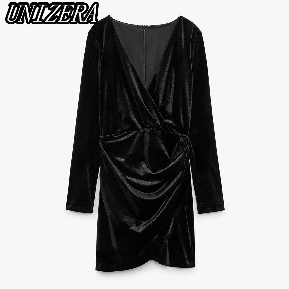 

Женское весеннее Новое Стильное черное элегантное Плиссированное бархатное мини-платье UNIZERA с V-образным вырезом и длинными рукавами 2126510