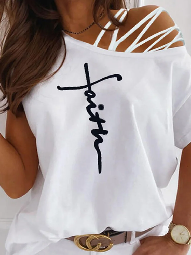 

White Harajuku Letter Print Bandage One Shoulder Short Sleeve Tee Shirt Women Summer Casual Graphic Loose Tshirt Top Y2K Clothes