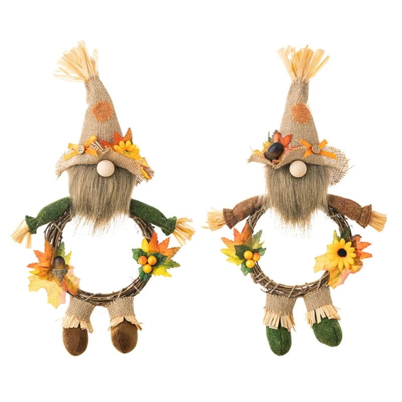 

Thanksgiving Straw Hat Wreath Rattan Circle Hangable Pendant Charm for Festival Holiday New Year Party Decor
