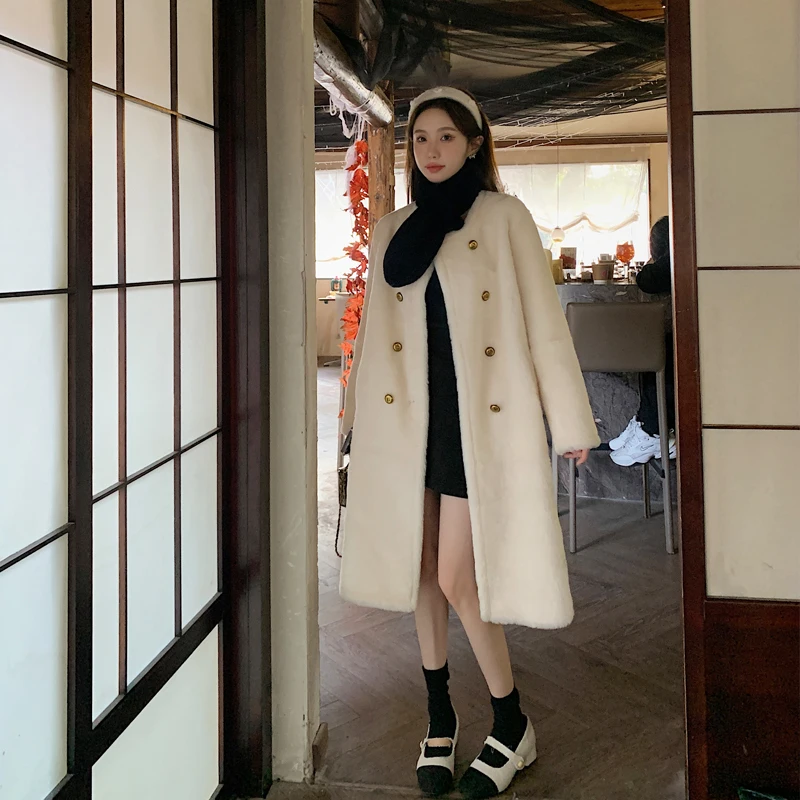 Fur Coat Women's Straight Loose Cashmere Lamb Wool Leather Fur Coat round Neck New