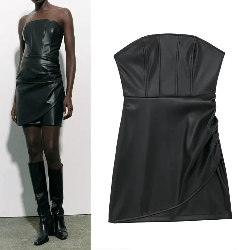 

TRAF Leather Strapless Short Dresses For Woman 2023 Vintage Black Pleat Mini Dress Sexy Backless Corset Party Dress Summer Dress