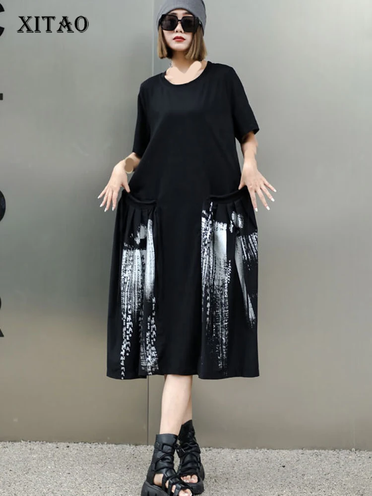 

XITAO Female Print Loose Women Dress Casual 2023 Summer Round Neck Black Short Sleeve Mid-calf Street Women's Dress HQQ0029