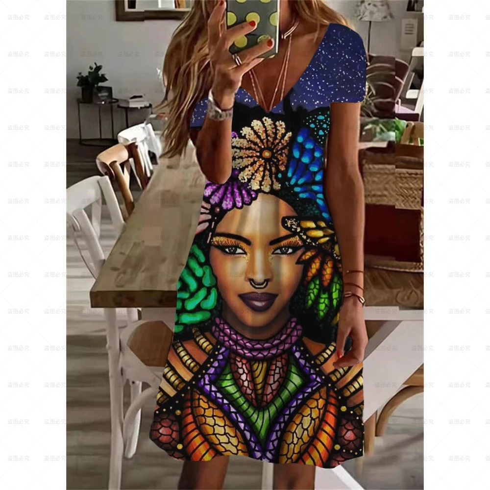 2022 New Summer Black Women 3D Print Dress Elegant Woman African Vintage Dresses Melanin V-Neck Sexy Girl Bohemian Midi Dress images - 6