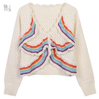 tweed rainbow wave long sleeved knitted cardigan fall 2022 new women french striped irregular v neck loose two button blouse