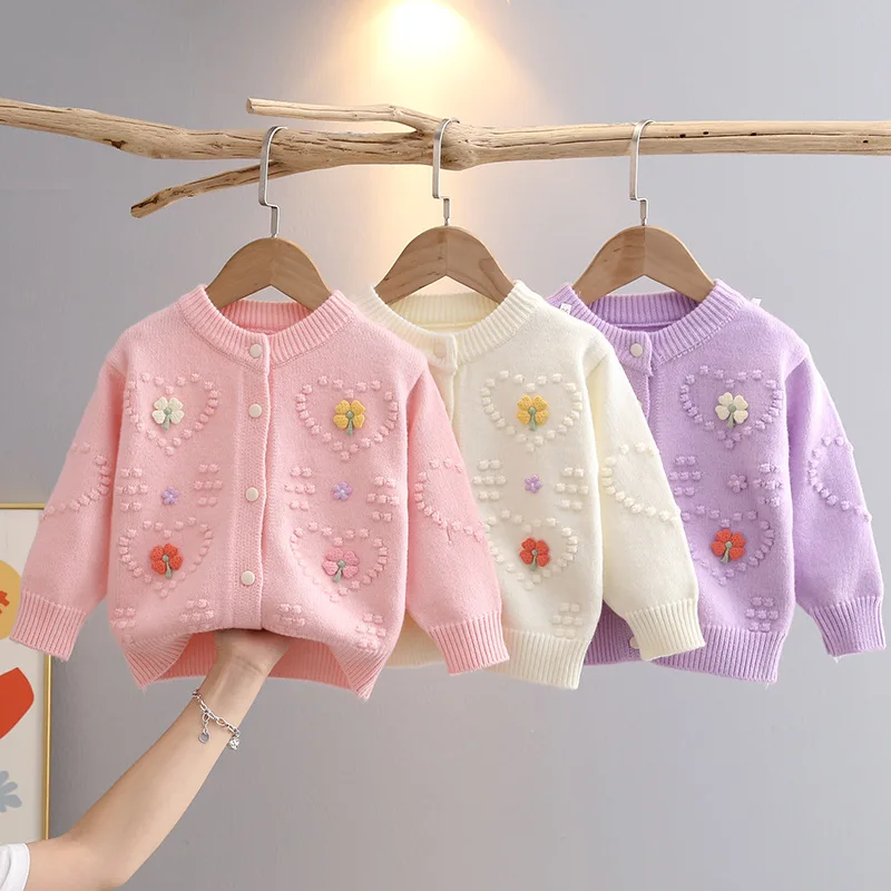 

Spring Autumn Single-breasted Sweater Solid Color Girls Cardigan with Flowers Round Neck Knitting Jacket for Baby Girl GY07231