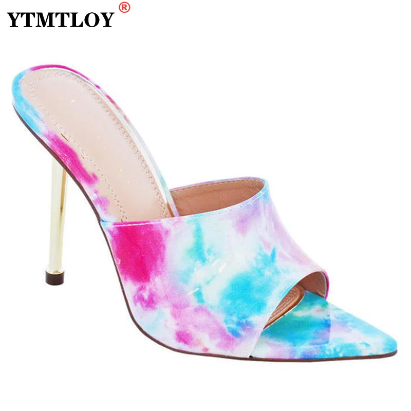 

NEW Women's Shoes Camouflage Shallow Mules Slippers 2022 Fashion Patent Leather Roman Square Toe Thin Heels Party Color