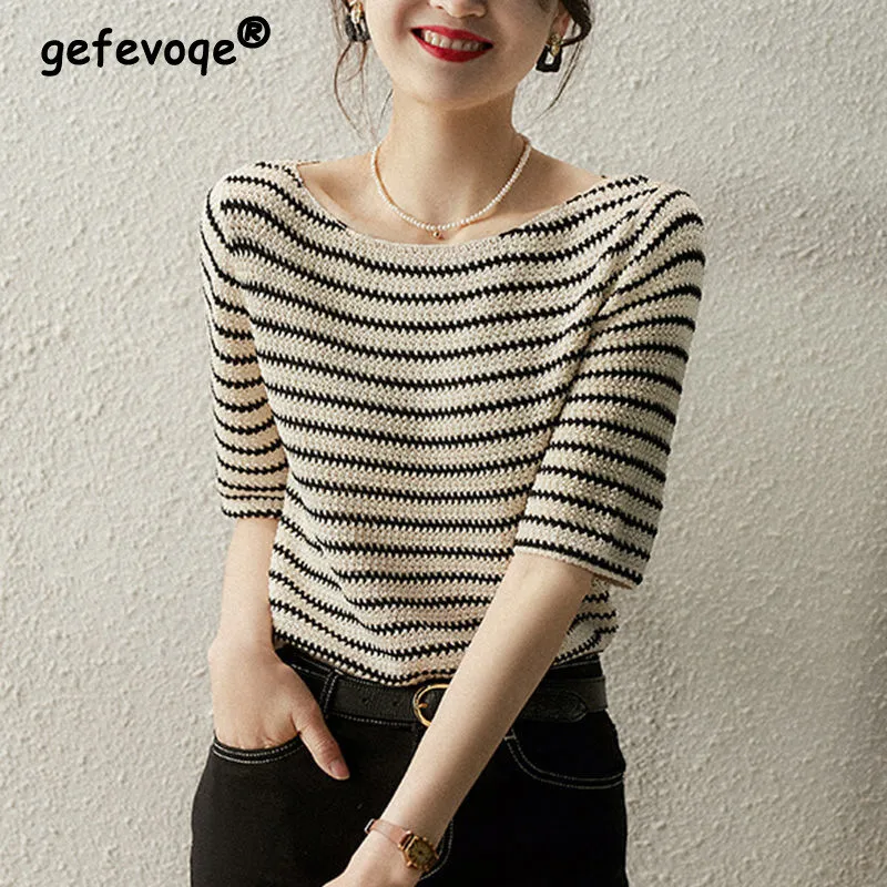 

One Shoulder Striped Short Sleeve Thin Knitted All-match Basic T Shirt Women Summer Autumn Simple Chic Loose Top Female Clothing