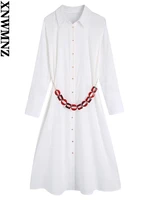 xnwmnz womens white chain belt shirt dress women shirt collar long sleeve summer midi dress 2022 elegant fashion button up robe