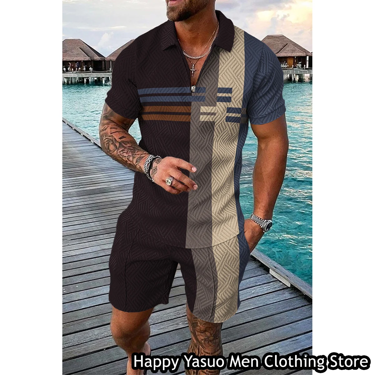 Luxury Summer Set Of Polo Shirt For Men 2 Pieces Vintage Tiger Tracksuit Casual Outfit High-End Short Sleeve Zipper Clothing