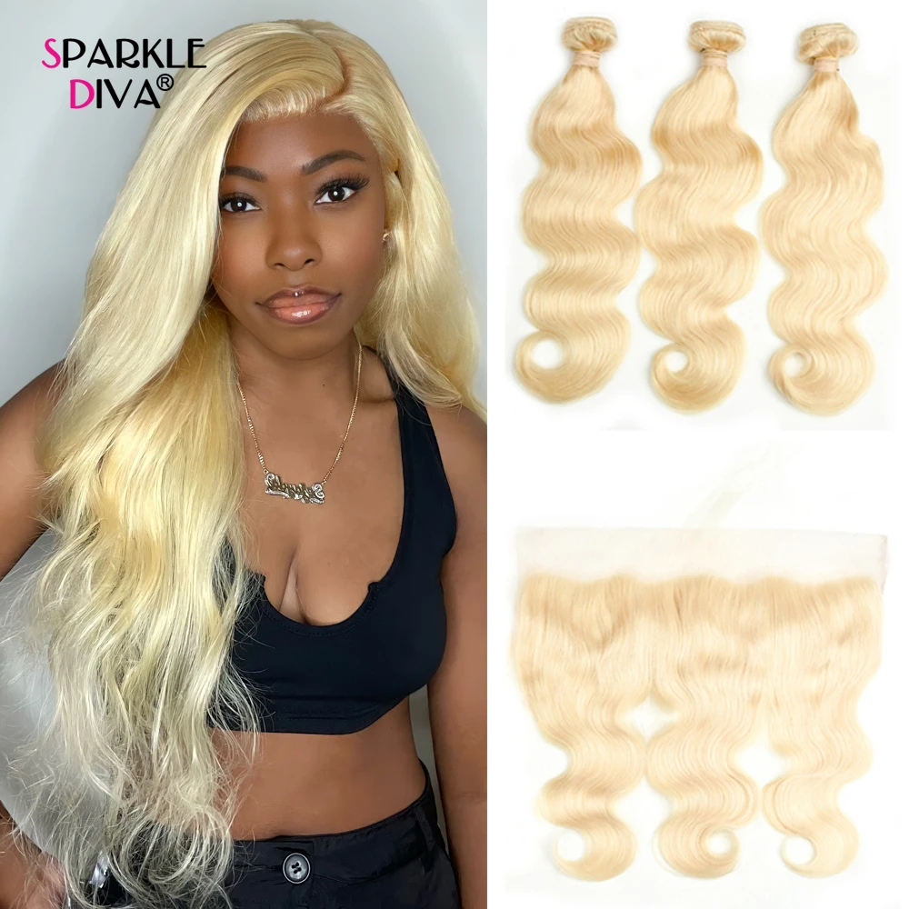 Remy Blonde Color Hair Body Wave 3 4 Bundles with 13x4 Ear to Ear Lace Frontal Closure Brazilian Human Blonde 613 Hair