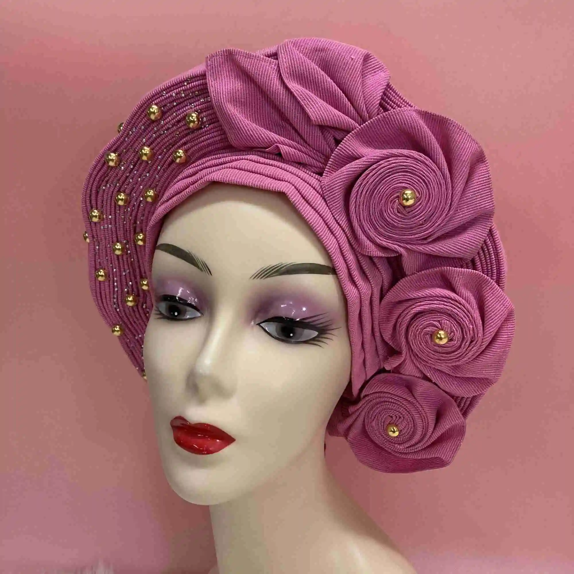 Модный розовый головной убор Aso Oke Gele с бусинами и камнями высококачественный для