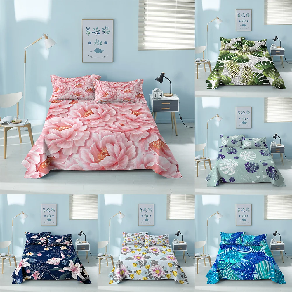 

Постельное белье с цветочным принтом и растениями, наволочка, всесезонное постельное белье, простыня из полиэстера, Королевский размер, пыл...