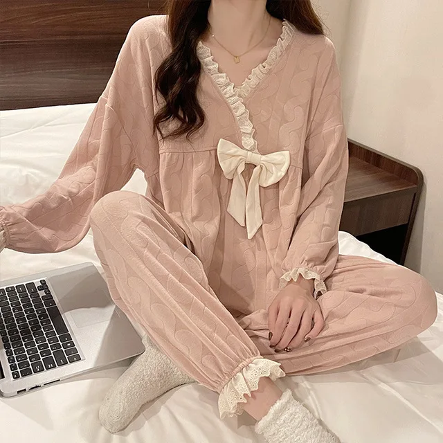 Long Sleeve Sweet Kawaii Set Women 2 Pieces Set Pajamas Spring Summer Sleepwear Female Outfits Pyjamas Sets