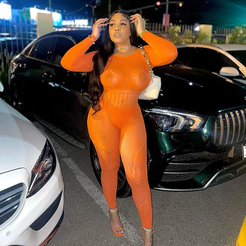 FTS Sexy Mesh Perspective Hollow Out Jumpsuit Women's White Long Sleeve Slim High Waist Tight Hip Jumpsuit Female Clothing